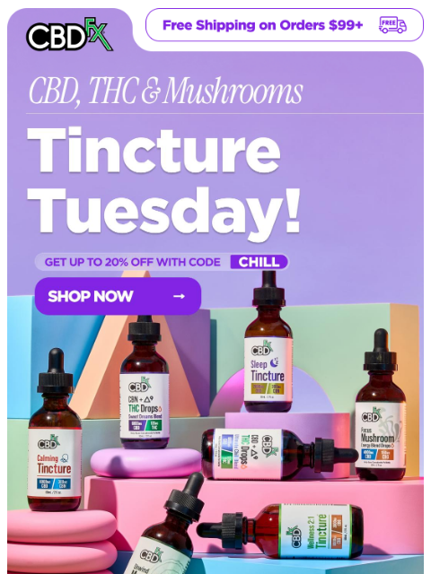 cbdfx newsletter: Tincture Tuesday featuring CBD, THC & mushroom dro...