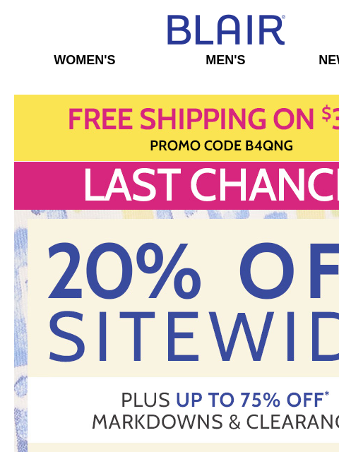 ACT FAST! 20% Off Everything Across the Site + 75% Off Mega Markdowns & Clearance END TONIGHT! Blair Women's Men's New Arrivals Free Shipping on $39+ Last Chance 20% Off Sitewide, Plus uo