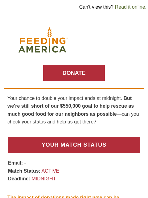 feedingamerica newsletter: Until midnight⏰$1 = 20 meals🍽️