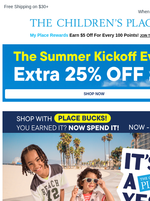 childrensplace newsletter: Don't Forget Your Place Bucks! $10 Off Every $30