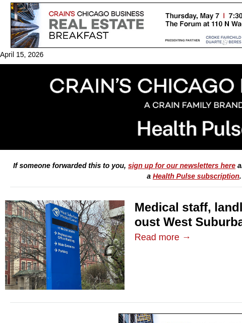 crainalerts newsletter: West Suburban at odds with landlord
