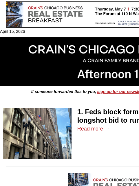 crainalerts newsletter: Feds block a longshot bid to run CHA