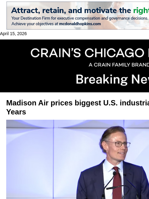 crainalerts newsletter: Madison Air prices biggest industrial IPO in decad...