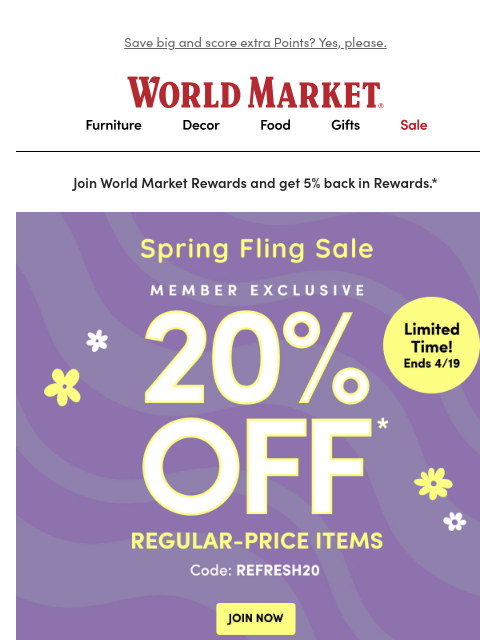 emailworldmarket newsletter: 20% off + 2X Points is HAPPENING NOW 💰🛍️💰