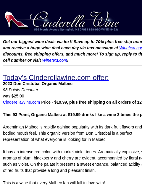 winelibrary newsletter: 2023 Don Cristobal Organic Malbec (93 D) Free Ship...