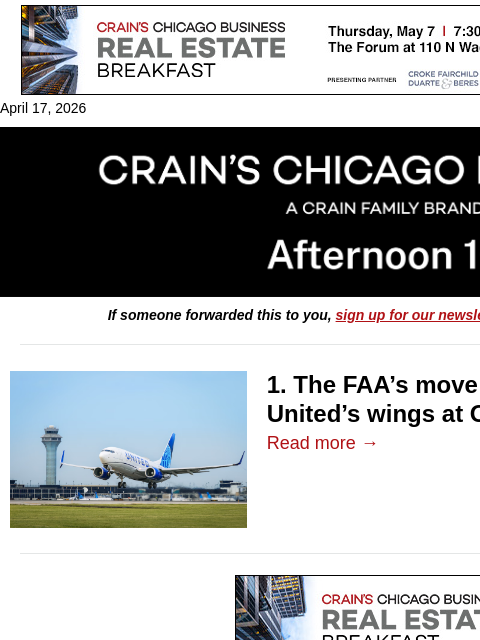 crainalerts newsletter: Feds undercut United expansion plans