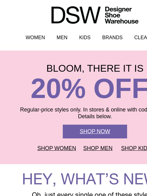 dsw newsletter: 20% off NEW styles from top names