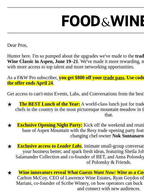 foodandwine newsletter: $800 Off for F&W Pros This Week Only! Unlock Exclu...