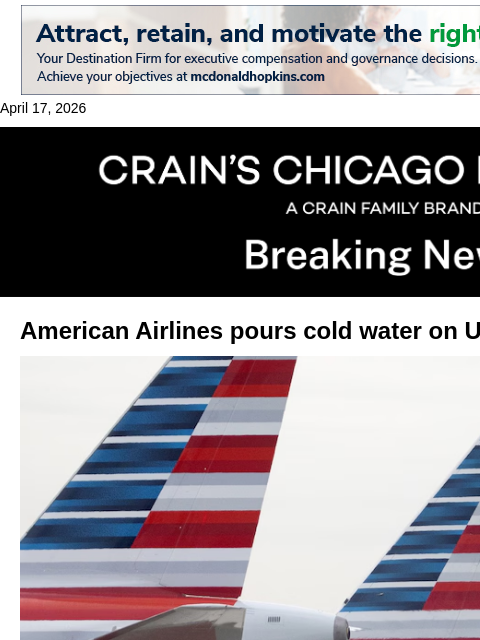 crainalerts newsletter: American Airlines nixes United merger talk