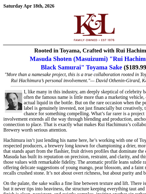 klwines newsletter: Superior Rice and Pristine Waters Define This Junm...