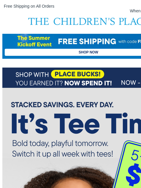 childrensplace newsletter: Tees Picked Just for Them! 5+ for $5 each