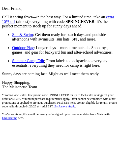 maisonette newsletter: Extra 15% Off (Almost) Everything