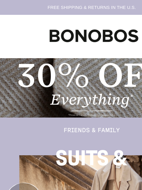 bonobos newsletter: 30% Off New Suits & Blazers
