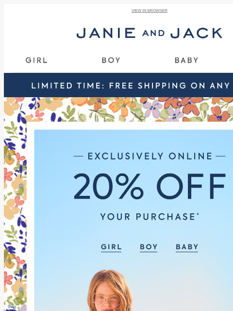 janieandjack newsletter: Online only: 20% off + free shipping