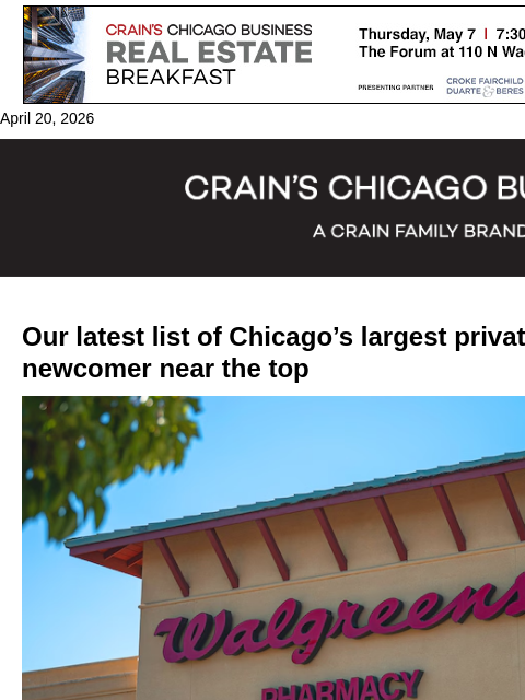 crainalerts newsletter: Largest private companies in Chicago