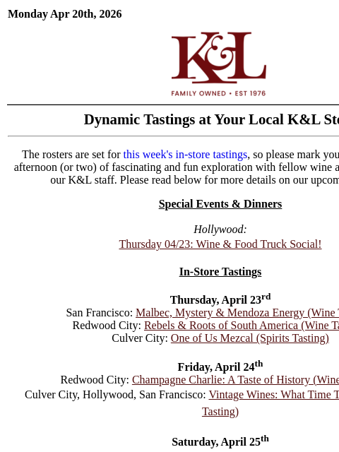 klwines newsletter: World Malbec Day, Peak 99-Point Cali Wines, Spirit...