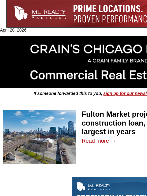 crainalerts newsletter: Fulton Market apartments land $102M construction l...