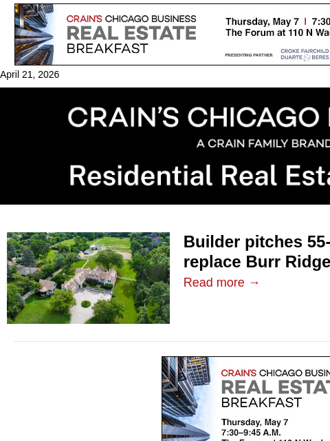 crainalerts newsletter: Burr Ridge horse property pitched for 16 new house...