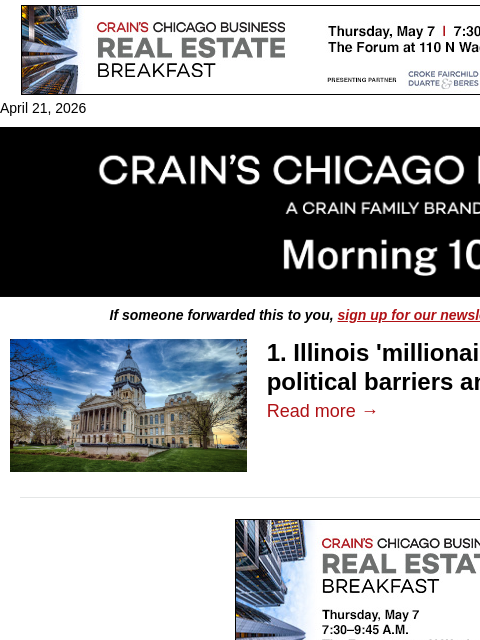 crainalerts newsletter: Illinois eyes new millionaire's tax