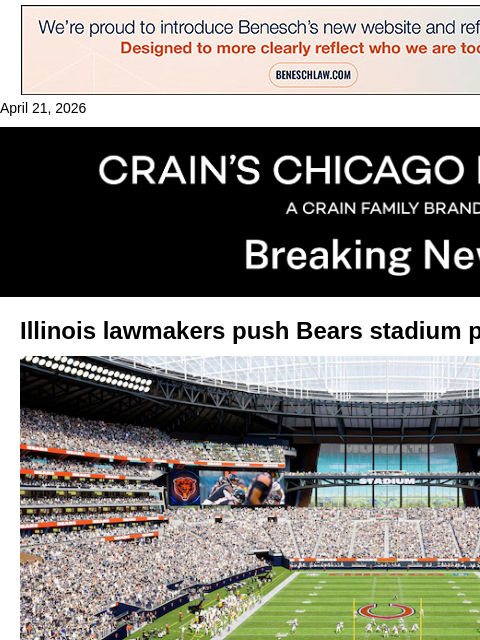 crainalerts newsletter: Springfield eyes Bears stadium plan tied to tax ov...