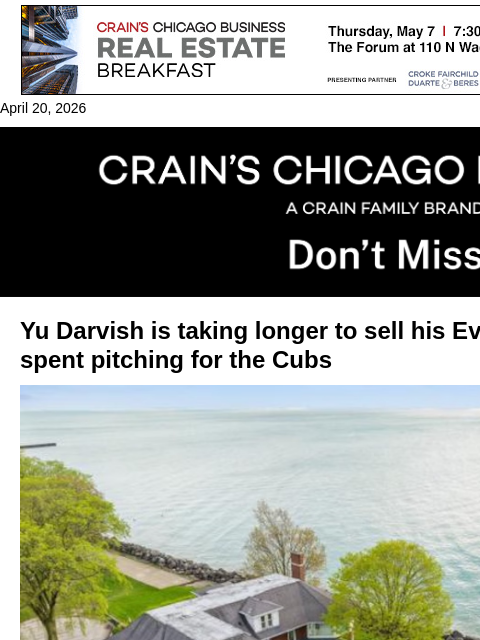crainalerts newsletter: Former Cub lands buyer for Evanston home