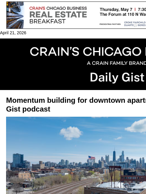 crainalerts newsletter: Momentum building for downtown apartments: Crain’s...