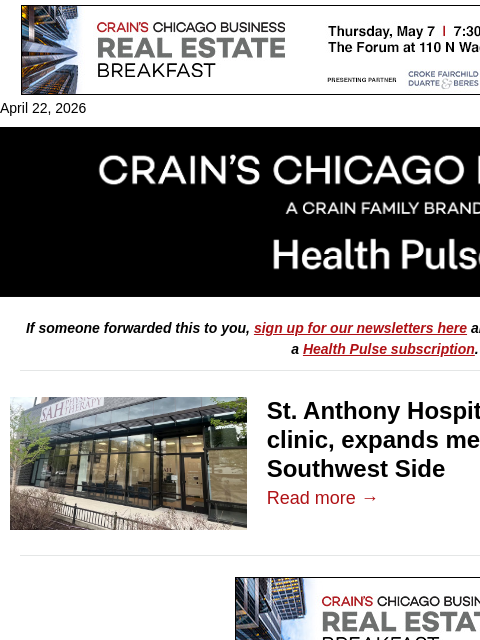 crainalerts newsletter: St. Anthony, Endeavor expanding mental health serv...