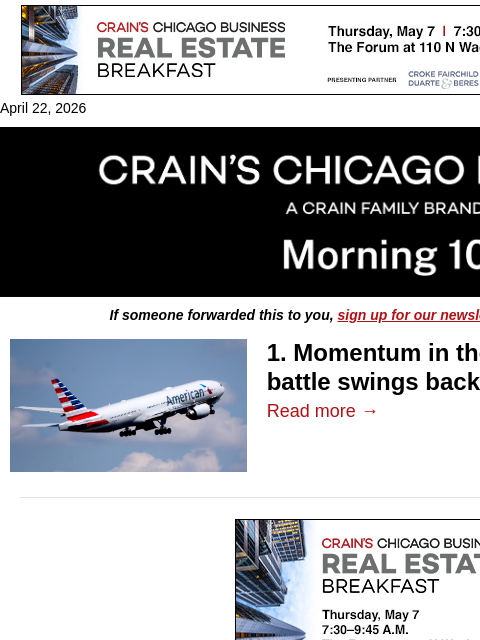 crainalerts newsletter: Airlines' gate battle shifts at O'Hare
