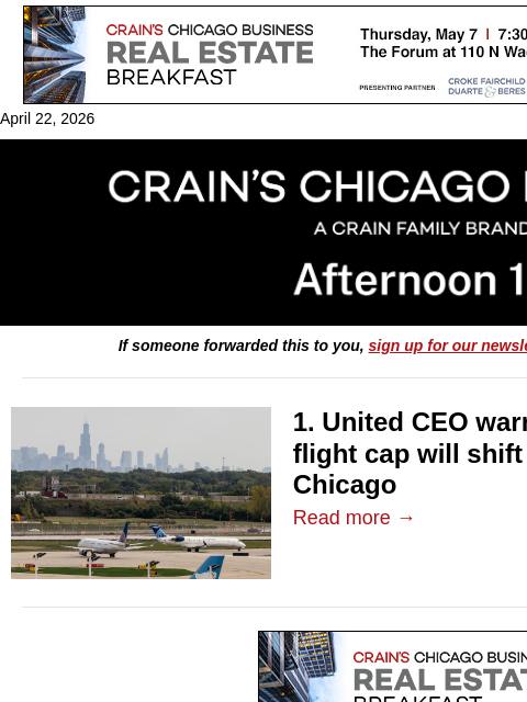 crainalerts newsletter: United CEO warns of growth away from Chicago