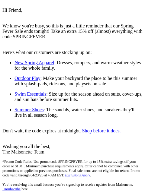 maisonette newsletter: Reminder: Extra 15% Off Ends Tonight