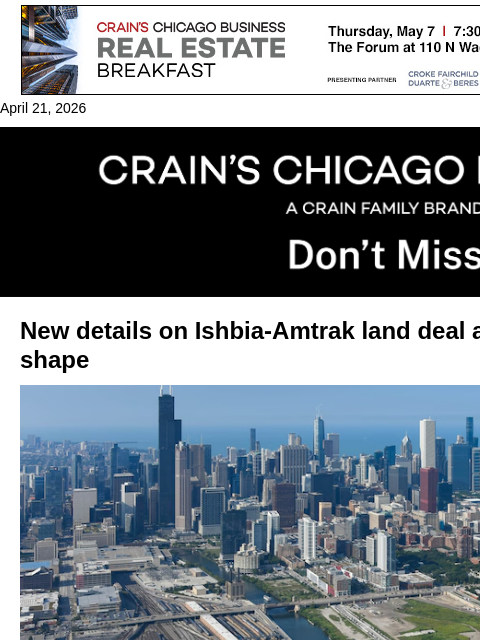 crainalerts newsletter: New details on Ishbia-Amtrak land deal