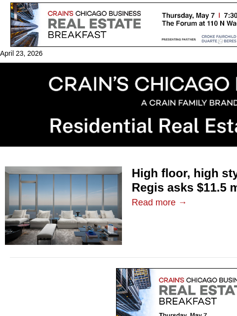 crainalerts newsletter: St. Regis condo comes on the market at $11.5M