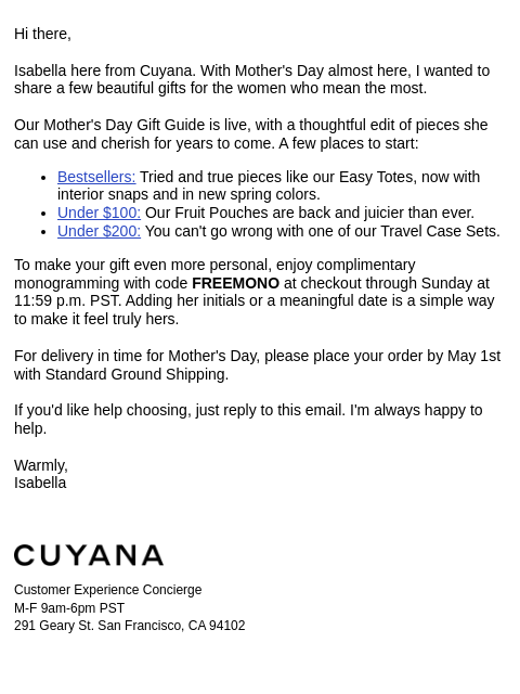 cuyana newsletter: Complimentary Monogramming Through Sunday