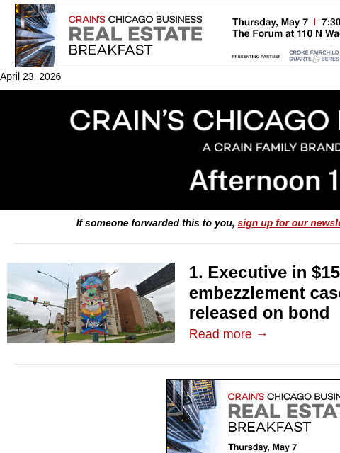 crainalerts newsletter: Loretto fraud suspect pleads not guilty