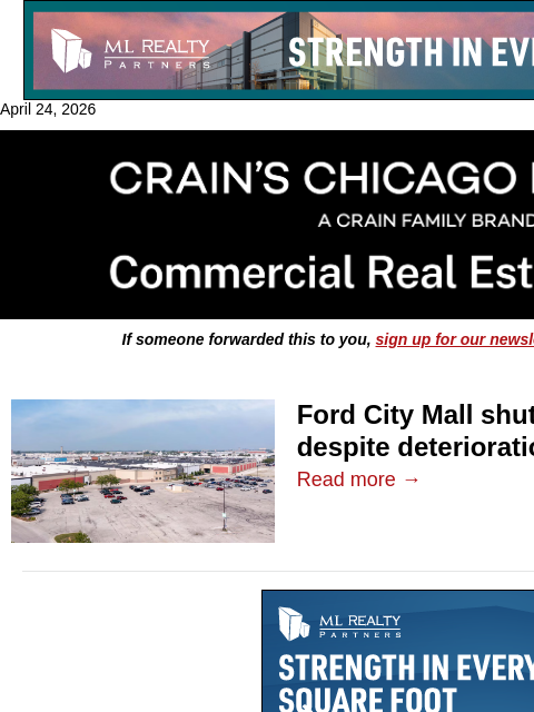 crainalerts newsletter: Ford City Mall gets reprieve from shutdown
