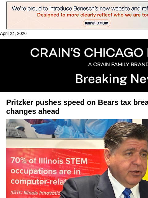 crainalerts newsletter: Pritzker pushes speed on Bears tax package