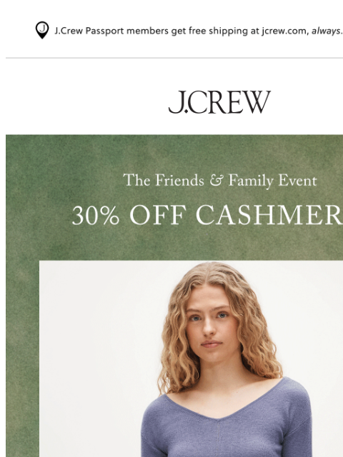 jcrew newsletter: 30% off cashmere, for spring & beyond