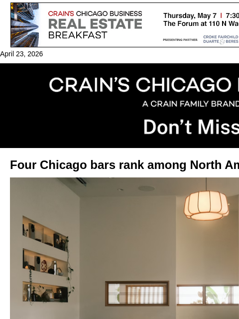 crainalerts newsletter: Four Chicago bars rank among North America’s best