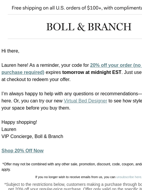 bollandbranch newsletter: Final hours for 20% off sitewide