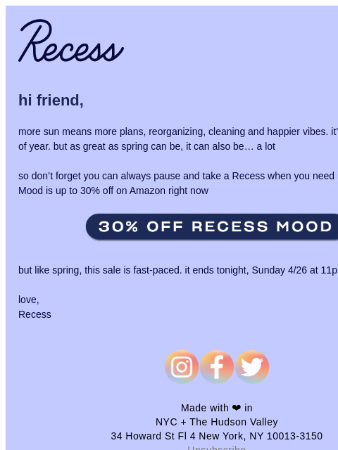 takearecess newsletter: up to 30% off Recess Mood