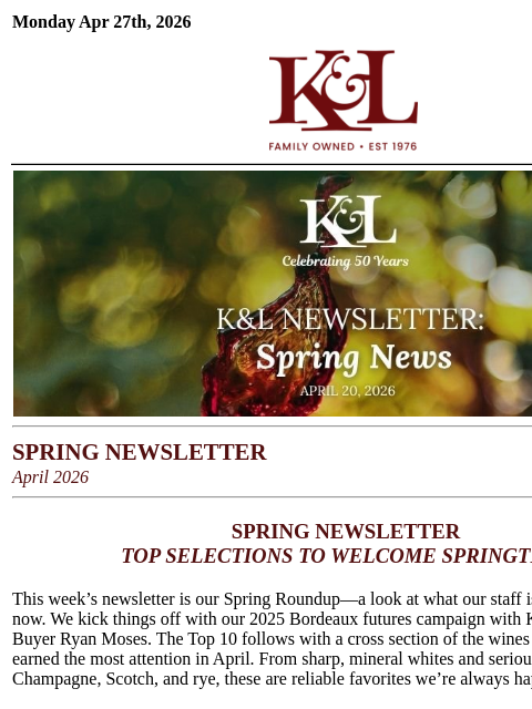 klwines newsletter: K&L Newsletter: Spring Selections