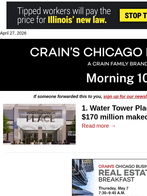 crainalerts newsletter: Water Tower Place to get $170M makeover​