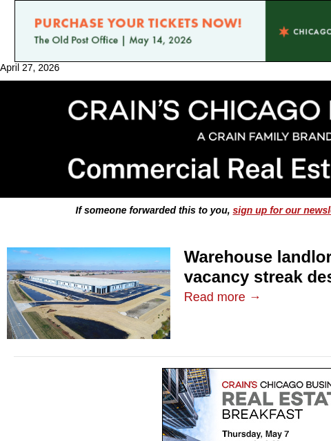 crainalerts newsletter: Warehouse landlords ride ultra-low vacancy streak