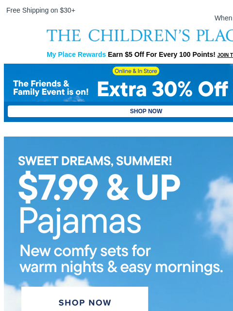 childrensplace newsletter: NEW. SUMMER. PJS. $7.99 & Up! 🌥️