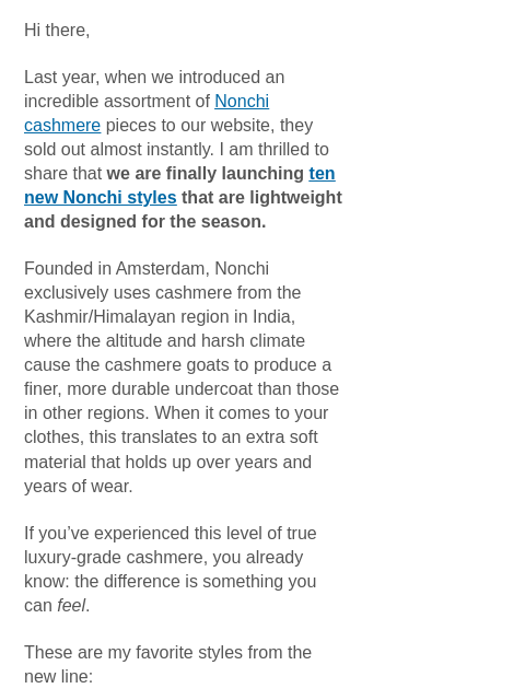 mmlafleur newsletter: New Nonchi Cashmere Is Here