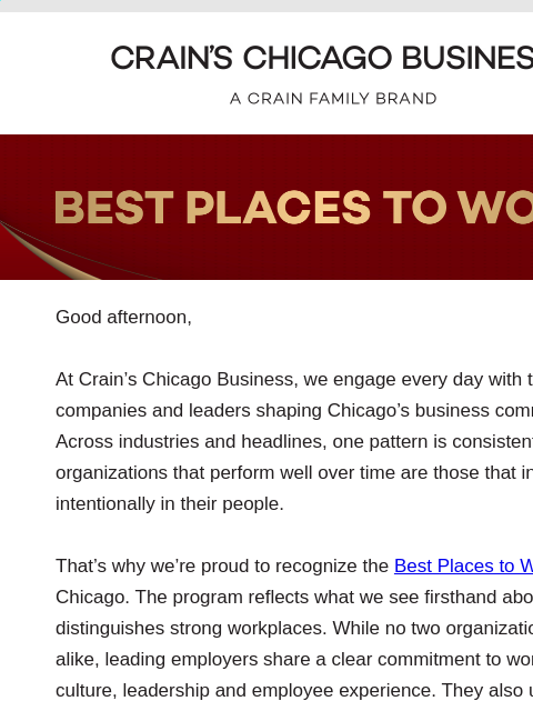 crainalerts newsletter: What We See in Strong Workplaces Across Chicago