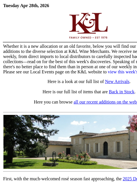 klwines newsletter: The Latest from K&L: New Adds and Back In Stock