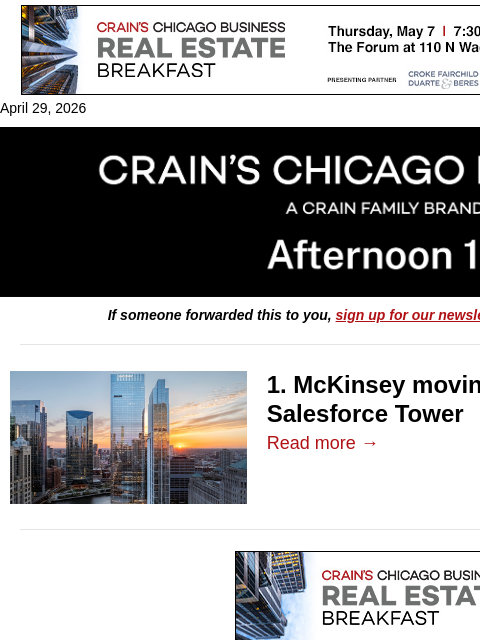 crainalerts newsletter: McKinsey moving office to Salesforce Tower