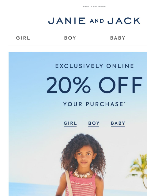 janieandjack newsletter: Sun, style & 20% off sitewide