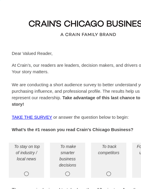 crainalerts newsletter: [Action Requested] You power Crain's Chicago Busin...